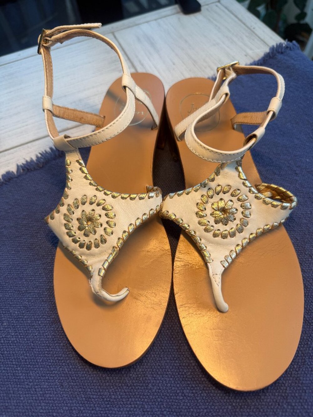 Jack Rogers Maci White & Gold Block Heel Sandals Size 10